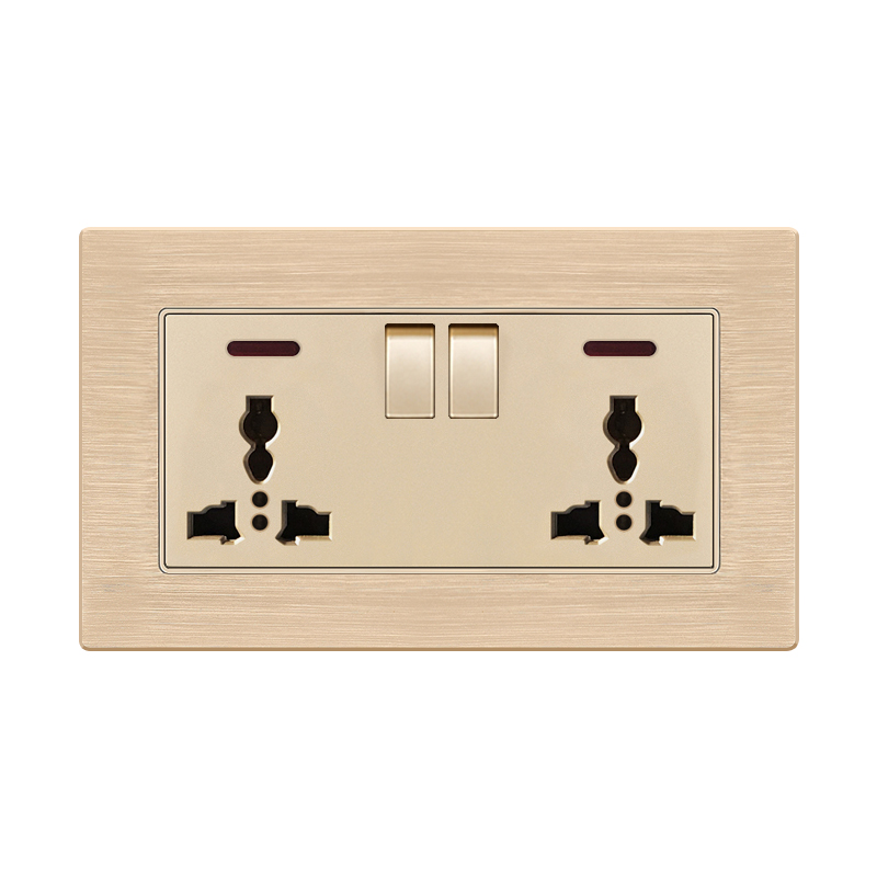 Aluminium Socket F71A-Double Universal 3 Pin Socket With Switch With Indicator Light-Gold